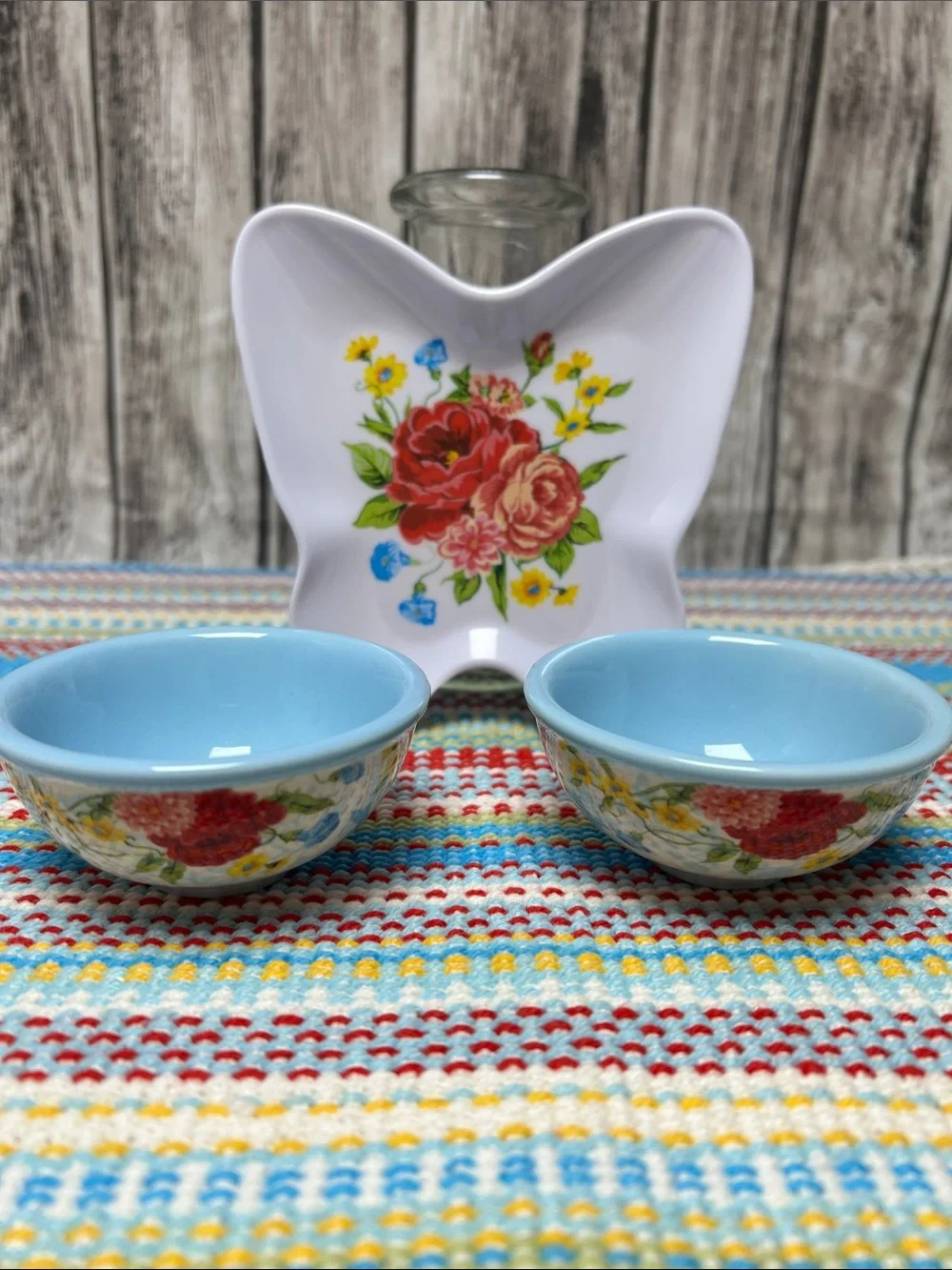 Pioneer Woman set of mini Dipping bowls and butterfly spoon rest-Sweet Rose